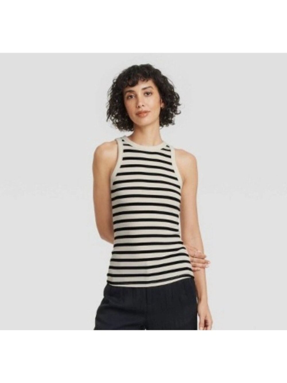 A New Day Women's 1X Plus Size Cream Black Striped Rib-Knit Tank Top NWT Slim